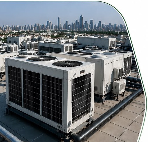 Rooftop chiller units, Dubai skyline
